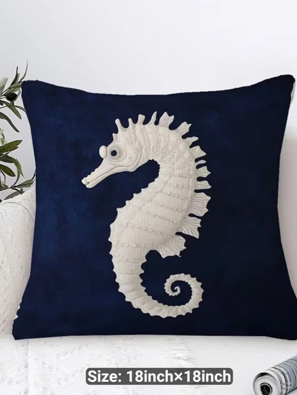 New Pair of Navy Blue Pillow Covers with White Seahorse #1507-877
